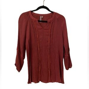 Brina & Em, burnt orange, long sleeve top with button detail on front, size M